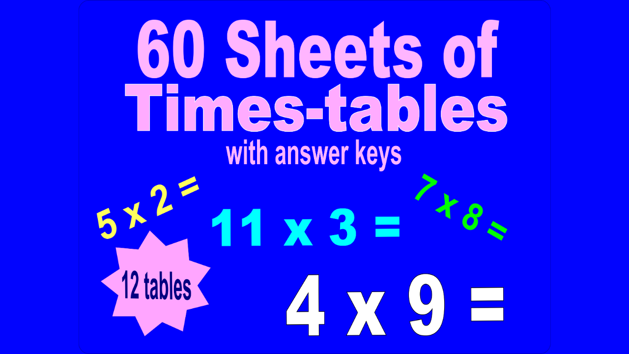 60 multiplication tables, times tables, worksheets, quizzes with answers.